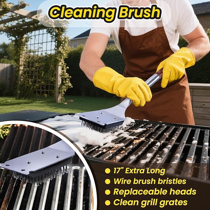 4PCS Grilling Accessories Rose Wooden BBQ Grilling Tools Set, Heavy Duty Stainless Steel Barbecue Grill Tools Kit with Spatula, Clips, Brushes, Forks for Outdoor Grill, BBQ Gift for Men and Women