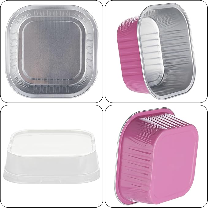Mini Square Cake Pans with Lids，BAKINGPAK 30PCS 10OZ Mini Cake Pans with Lids Individual Cupcake Containers Mini Disposable Cake Pans with Lids Mini Aluminum Pans with Lids for Baking Party, Pink