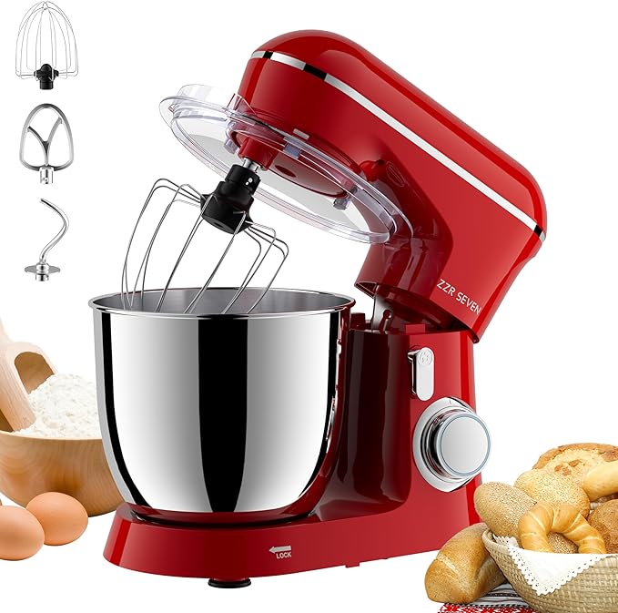 Stand Mixer, 5.5 Quart, 10 Speed Tilt-Head Kitchen Mixer, Copper Motor, Household Food Mixer with Bowl, Flat Beater, Dough Hook, Egg Whisk (450W Red)