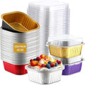 Aoriher 150 Pieces 10 oz Mini Cake Pans with Lids Aluminum Foil Baking Cups Square Disposable 4" x 4" Large Cupcake Cups Baking Tins for Kitchen Brownie Pudding Desserts Holders(Multicolor)