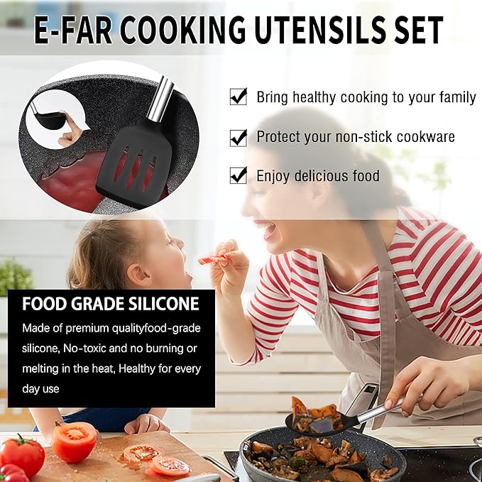 Silicone Kitchen Utensils Set, E-far 30-Piece Cooking Utensils Set with Holder, Heat Resistant Kitchen Spatulas Turner Tong Spoon Whisk Ladle for Nonstick Cookware, Stainless Steel Handle (Black)