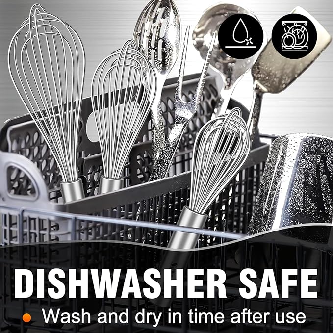 Walfos Whisk,304 Stainless Steel whisk,No-Rust 7+9+11inch Whisks for cooking Nice for Blending,Whisking,Beating.Heat resistant 600°F Dishwasher Safe. Heavy duty kitchen whisk.17.7+22.8+27.9cm -SILVER