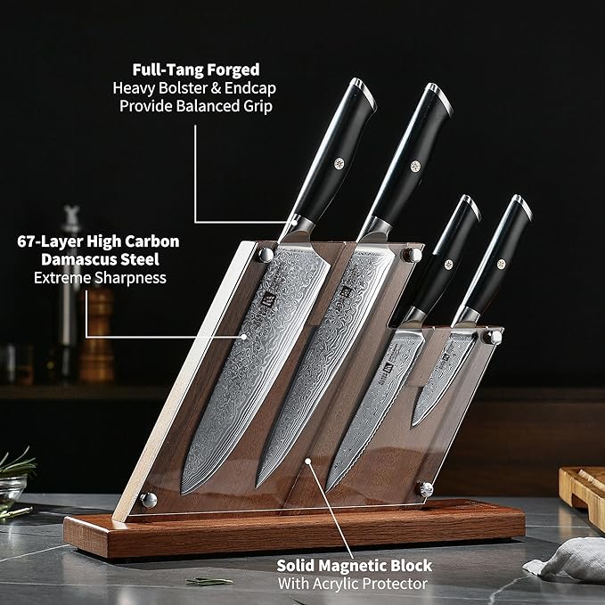Klaus Meyer 5 Piece Damascus Knife Block Set, 67-Layer High Carbon Damascus Steel, Ultra-Sharp Kitchen Knife Set with Magnetic Wooden Block