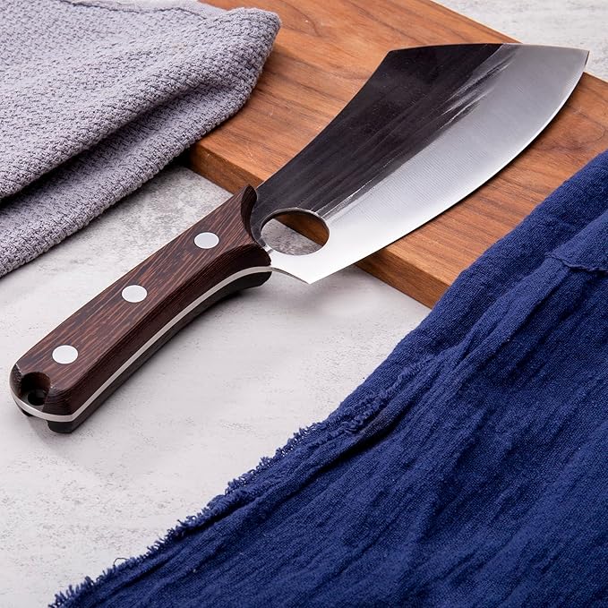 SHANGDAO 7.5" Chef Knife, Upgraded Serbian Chef Knife, Meat Cleaver Knife for Meat Cutting Forged Butcher Knife with Sheath Full Tang Kitchen Chopping Knife for Home, Outdoor Cooking, Camping