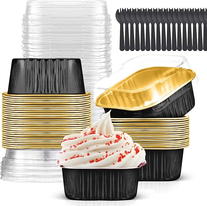 10oz Mini Cake Pans with Lids (40 Pack) Aluminum Foil Square Cupcake Liners Brownie Baking Cups,Disposable 4”x4” Large Cupcake Pan,Jumbo Muffin Tin Ramekins Holders