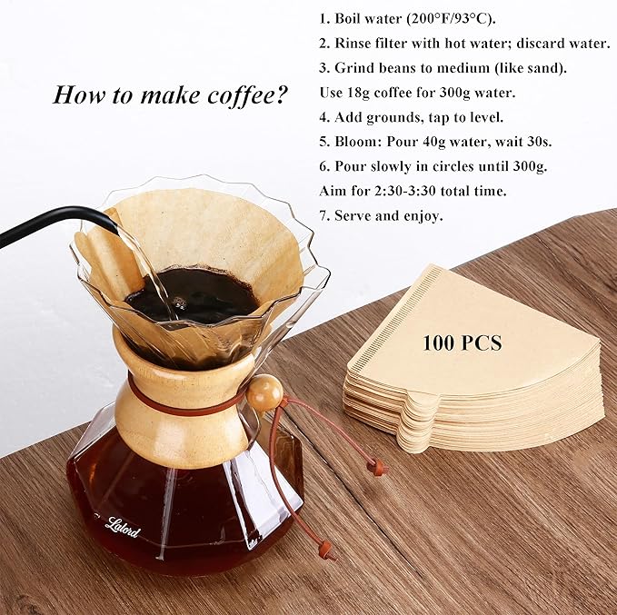 Pour Over Coffee Maker, 19 oz Borosilicate Glass Coffee Carafe with 100 PCS V60 Paper Filter, Wooden Collar & Cowhide rope, Glass Coffee dripper (Clear, 550 ml)