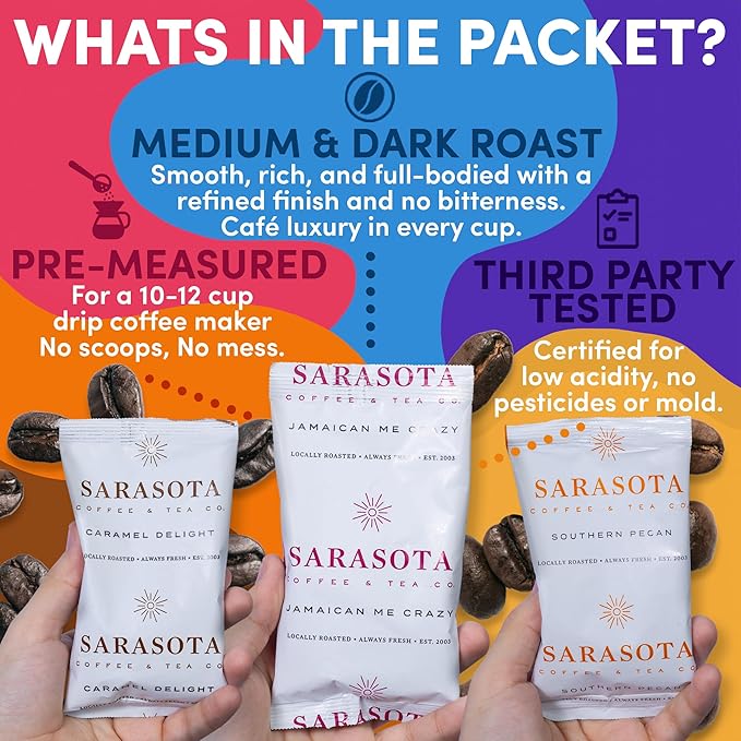 Ground Coffee | Gift Set Sampler Pack Variety Medium, Dark, & Flavored Roast Low Acid Mold Free Pouches | Gourmet Bulk Packets | Highest Rated Individual Premeasured Powder Bags for 12 Cup Drip Maker