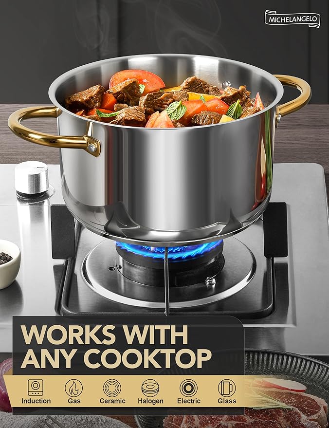MICHELANGELO Stainless Steel Stock Pots - 8 Quart Pot with Lid, Soup Pot Induction Compatible, Cooking Pots with Riveted Handle, Oven & Dishwasher Safe