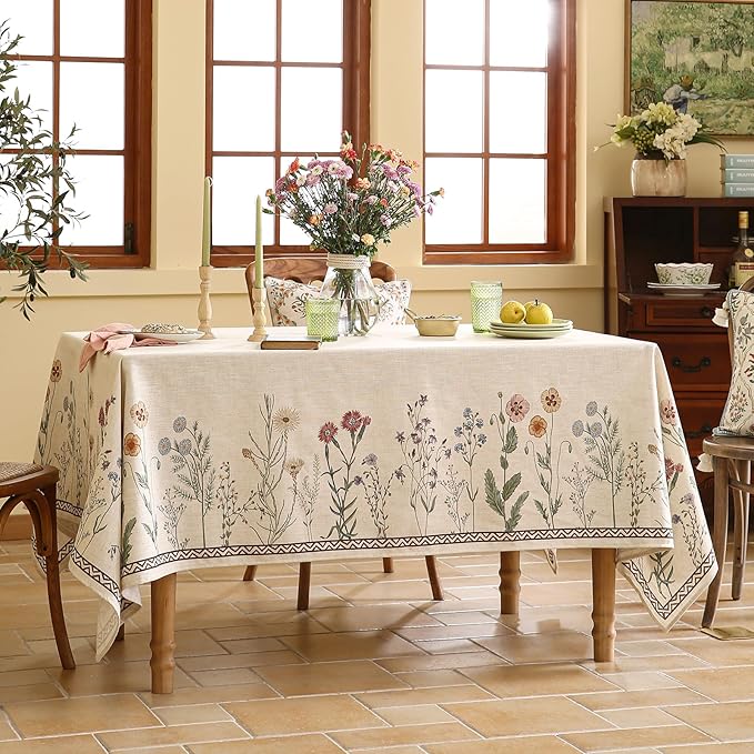 ISAENNE Designer Off White Linen Rectangular Tablecloth,Floral Elegant Table Cloth,Stain Resistant Vintage Decor Tablecloths for Dining Thanksgiving Kitchen Christmas,55"*87"-Serenity G