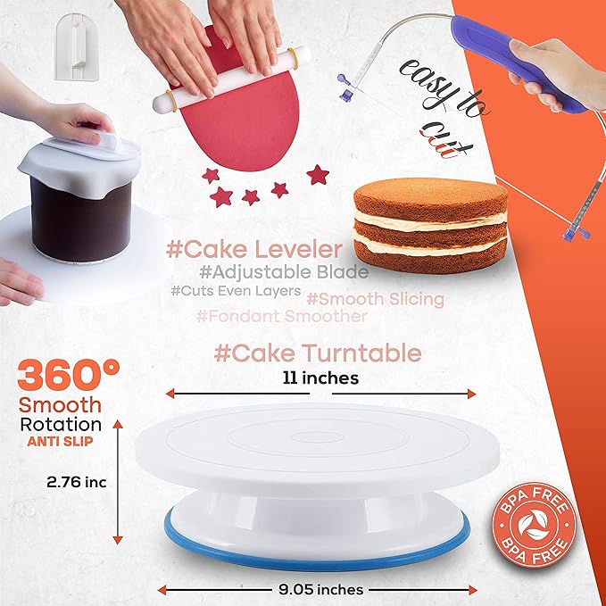 RFAQK 230PCs Cake Decorating Supplies Kit, Cake Decorating Set with Cake Turntable, Piping Bags and Tips, Modeling Tools, Cookie Plunger Cutters, Icing Smoother & Other Accessories for Cake Decoration