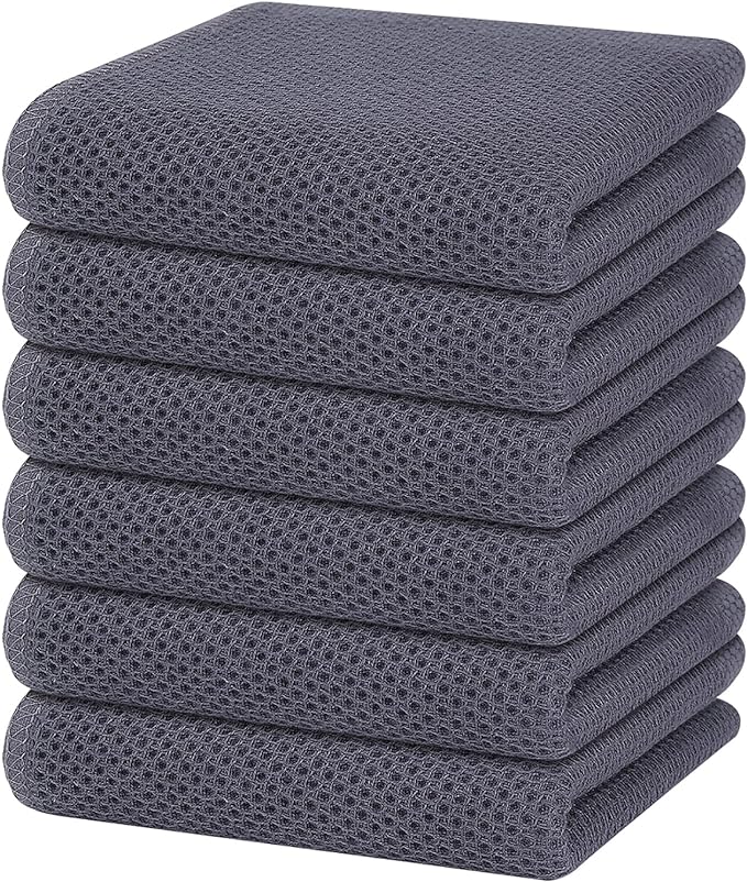 Homaxy 100% Cotton Waffle Weave Kitchen Dish Towels, Ultra Soft Absorbent Quick Drying Cleaning Towel, 13 x 28 Inches, 6-Pack, Dark Grey
