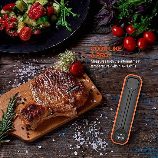 Wireless Meat Thermometer – Digital Cooking Thermometer with Wireless Probe – 500Ft Remote Range Food Thermometer – with iOS & Android Read App -Preprogrammed Temperatures for BBQ, Oven, Grill