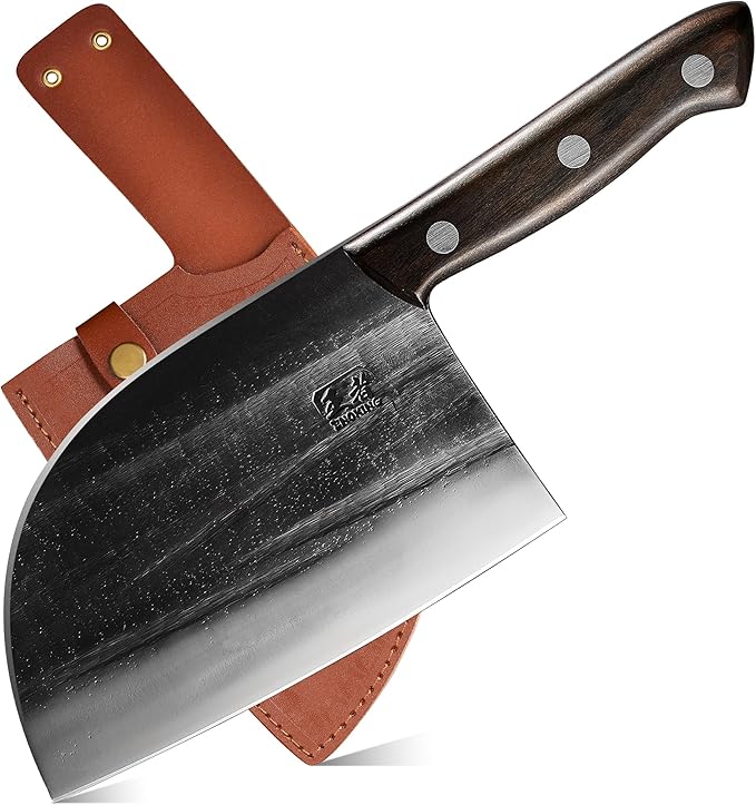 ENOKING Butcher Knife for Meat Cutting, 6.6 Inch HandForged Meat Cleaver Knife Heavy Duty Bone Chopper, High Manganese Steel Serbian Chef Knife with Leather Sheath and Full Tang Handle (Brown Handle)