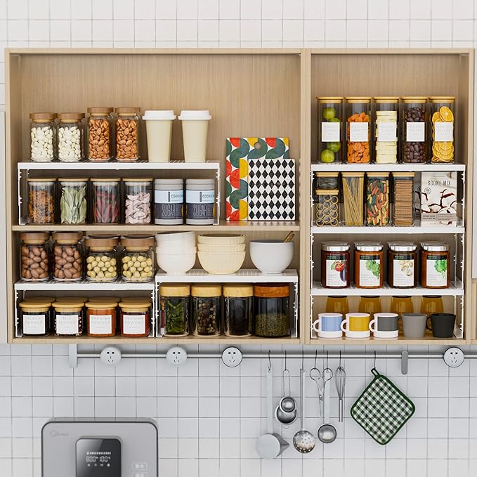 Stackable Expandable Metal Shelf Organizer - Adjustable Wire Storage Rack with Holes for Kitchen, Bathroom, Cabinet, Office - Space Saving, Durable & Sturdy Design（1PACK/Large/White