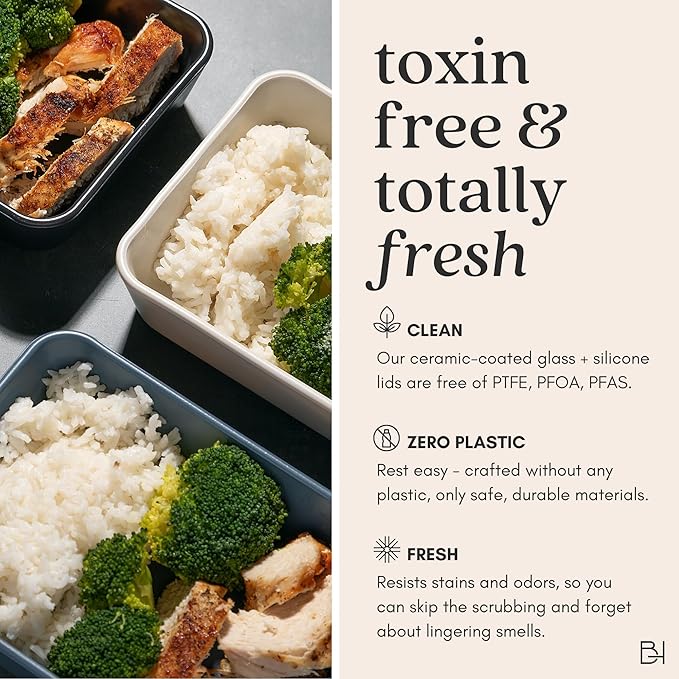 Ceramic Coated Glass Food Storage Container | No PTFE, PFOA, PFAS, and BPA | Reusable Non Toxic Meal Prep Container with Glass Lid | Easy To Store | 8 Cup Square [Pine]