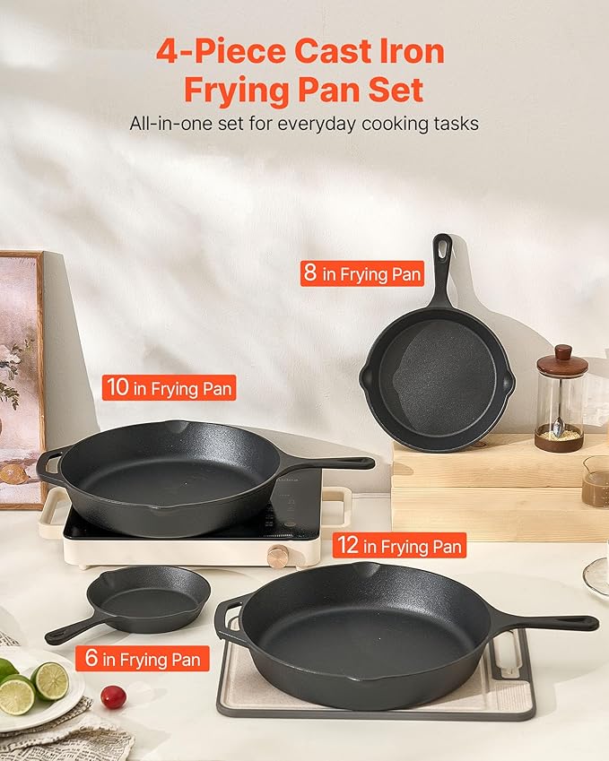 VEVOR Cast Iron Skillet, 4-Piece Frying Pan Set (6, 8, 10, 12 in), Skillets with Heat-Resistant Silicone Handle, Pre-Seasoned Chef's Pan, Kitchen Cookware, for Oven, Gas, Electrical, Induction, Black