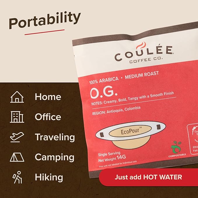 Coulée EcoPour O.G. Coffee, Single Serve Pour Over Colombian Coffee, Medium Roast, Use for Camping or Traveling, Pre Filled Compostable Filters, Ready to Brew with Hot Water, 20 Pack