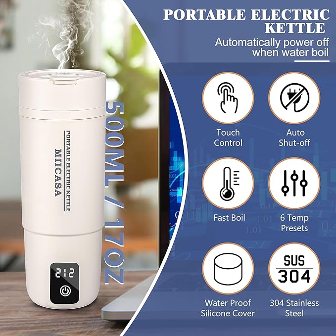 Travel Kettle,Miicasa Dual Voltage Portable Electric Kettle 110V-240V Smart Small Water Boiler for Tea & Coffee,6 Temperature Control,for Global Use,17oz
