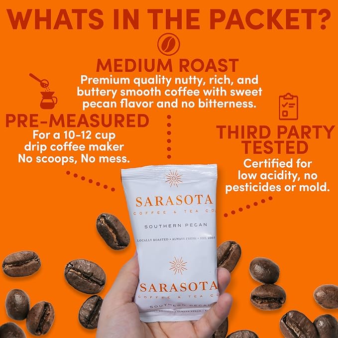 Sarasota Coffee Flavored Ground Packets | Southern Texas Butter Pecan | Gourmet Medium Roast Bulk Coffee Packs | Low Acid Mold Free Individual Pouches for 12 Cup | 2.5 Ounce Bags, 36 Count