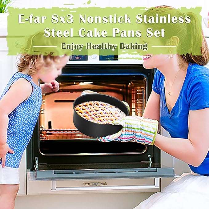 E-far 8 x 3 Inch Cake Pan Set of 3, Nonstick Stainless Steel Round Cake Pans Tin for Baking Birthday Wedding Layer Cakes, Stainless Steel Core & Non-toxic Coating, Deep & Straight Side