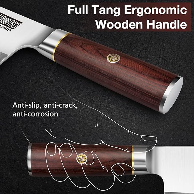 HOSHANHO 7 inch Cleaver Knife, High Carbon Powder Steel Meat Cleaver, Bone Chopper Butcher Knife with Ergonomic Wooden Handle for Home Kitchen and Restaurant