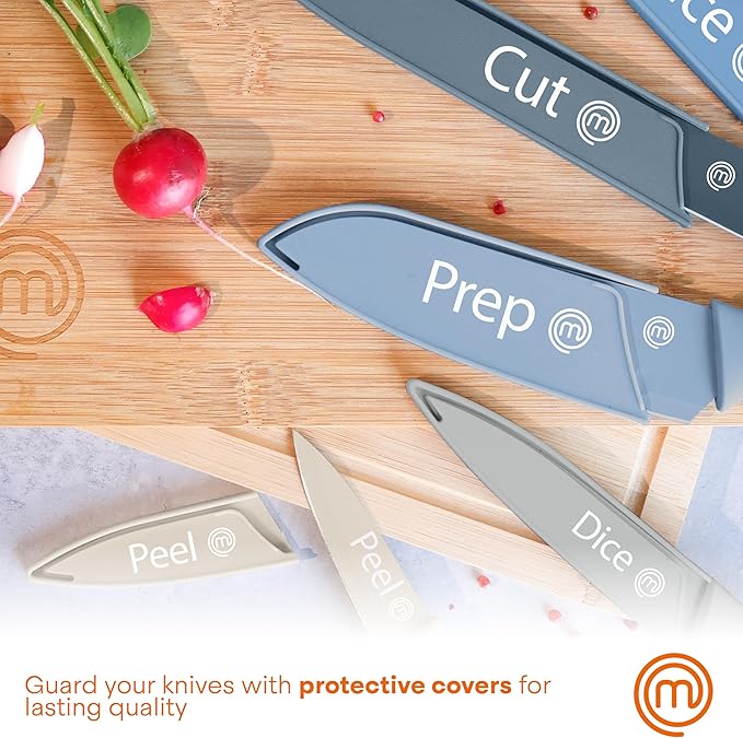 MasterChef Kitchen Knife Set with Covers, 6 Professional Chef Knives for Home Kitchens, Extra Sharp Cutting Stainless Steel Blades & Protective Sheaths, Soft-Touch Easy-Grip Handles, Nordic Blues