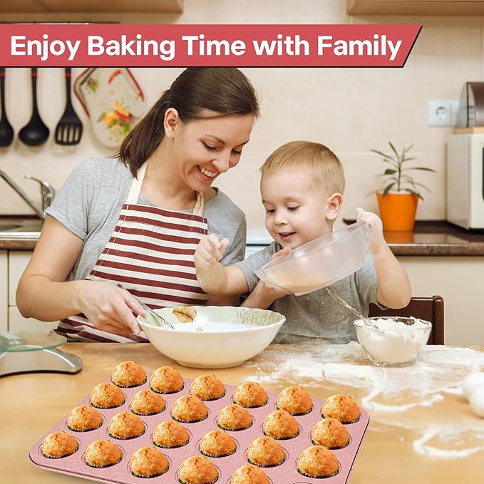 Spmart 2-Pack 24-Cup Nonstick Ceramic-Coated Mini Muffin Pan | Durable & Easy Clean Muffin Tins | Perfect for Small Baked Goods & Party Treats (Pink)