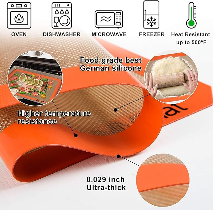 Silicone Baking Mat - Best German Silicone - Non Slip Silicone Baking Sheet, Non Stick Reusable Silicone Mats for Baking, Oven Liner, Counter Mat - Half Sheet Baking Mat, Set of 2