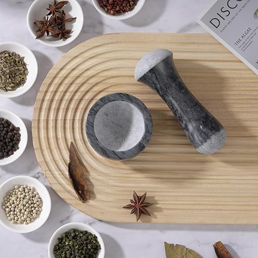Tianman Small Mortar and Pestle Set 3.2 Inch.1/3 Cup.Mini Marble Grinder with Brush for Pills Herbs Spices,Easy to Grip.Efficient Grinding.Universal Dual Head Grinding Pestle.(Marble Black)