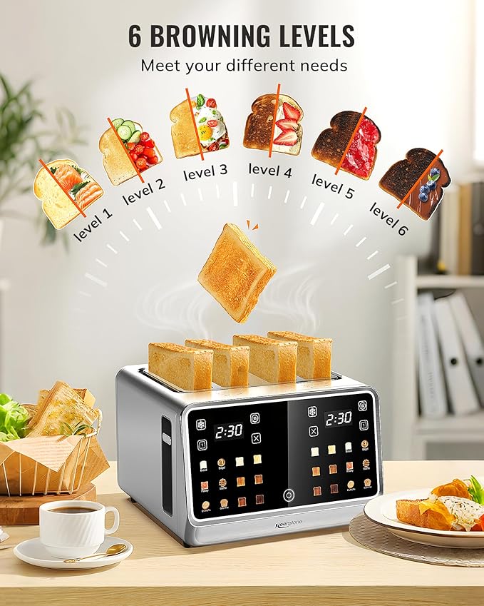 Toaster 4 Slice with TouchScreen, Memory Function & Single-Slot Focus, Keenstone 1800W Smart Digital Toaster for Ultimate Control, Wide Slot to Reheat & Defrost Bagels, Bread, Waffles, Stainless Steel