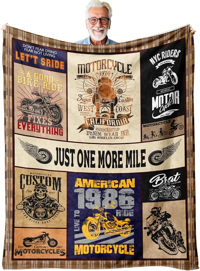 Motorcycle Throw Blanket Gift for Men – Vintage Biker Decor for Man Cave, Garage, Bedroom & Living Room, Chopper Style Sofa Bed Accent, Motorcycle Lovers & Riders, 50'' x 60''