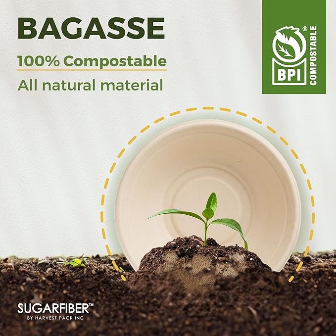 [50 COUNT]Harvest Pack PFAS FREE 32oz Round Paper Bowls, Compostable Heavy-Duty Eco-Friendly Disposable Bagasse Large Soup Bowls, sugarcane made for Meal Prep Takeout Dinnerware, Microwave Safe
