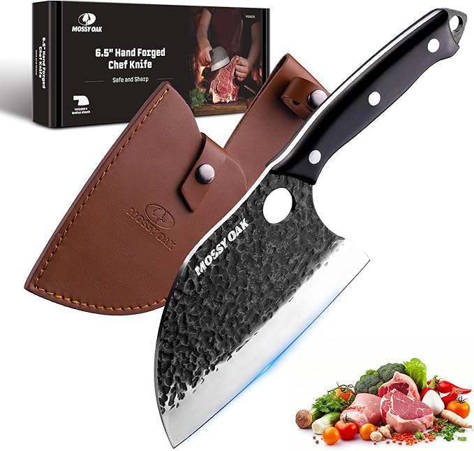 Mossy Oak Serbian Chef Knife, Meat Cleaver Knife with Genuine Leather Sheath, Hand Forged Heavy Duty Chopper Knife Full Tang Handle, Butcher Knife for Kitchen, Outdoor Cooking, Camping