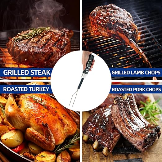 Digital Meat Thermometer Fork, Fast Read Grill Thermometer with LED Display and Stainless Steel Probes,Kitchen Probe with Long Fork,Suitable for Steak Chicken Pork Turkey Hot Grilled Food