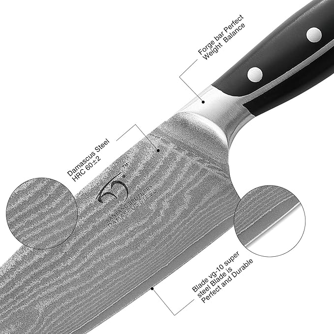 Damascus Kitchen Knife Set with Block – Razor Sharp 67-Layer VG10 Steel, Triple Rivet Handles, Chef, Santoku, Utility, Bread & Paring Knives, Sharpener, Shears, Black, 9PCS