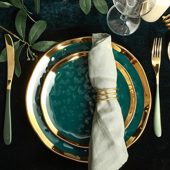 Stone Lain Florian Modern Porcelain Dish Set, 32-Piece Dishes for 8, Gold and Green (Porcelain Dinnerware Set)