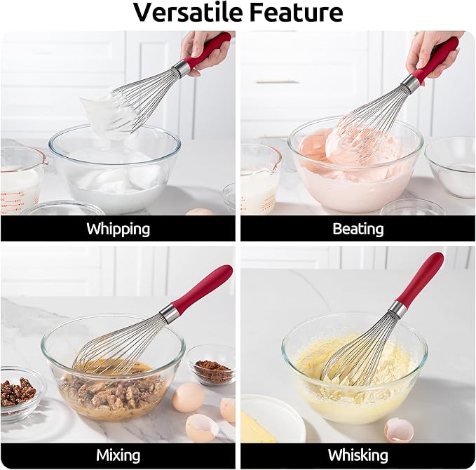 U-Taste Balloon Whisk for Cooking: 18/10 Stainless Steel Kitchen Wire Whisk, 12in Large Heavy Duty Egg Beater, Manual Mixing Tool with 12 High Flex Wires for Stirring, Blending Sauce (Red)