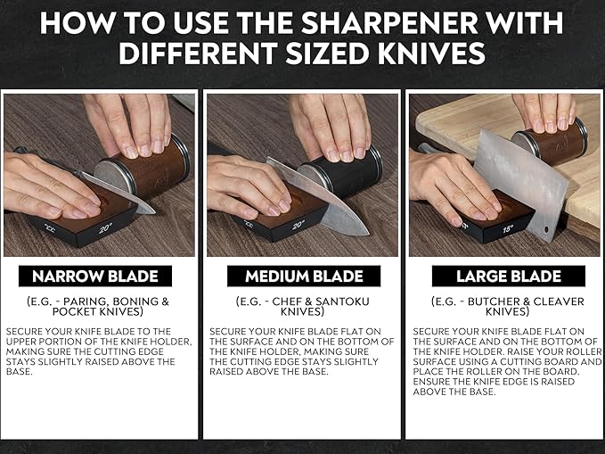 Rolling Knife Sharpener with Leather Strop and 15, 17, 20 & 22 Degree Angles - Knife Sharpener Kit - Roller Knife Sharpening System with Stand, Holder & Eraser - Walnut Brown