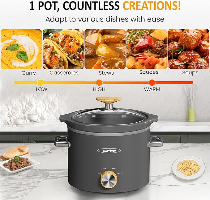 Sunvivi 2 Quart Slow Cooker, Small Slow Cooker with Removable Ceramic Pot, Slow Cookers Food Warmer with 3 Heating Settings & Dishwasher Safe Glass Lid, Grey