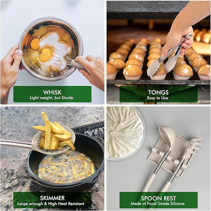 HOTEC 446°F Heat Resistant Silicone Kitchen Utensils, Cooking Utensil Set, Spatula Set, BPA Free, Kitchen Gadgets, With Stainless Steel Utensils Holder, Dishwasher Safe 14pcs Khaki