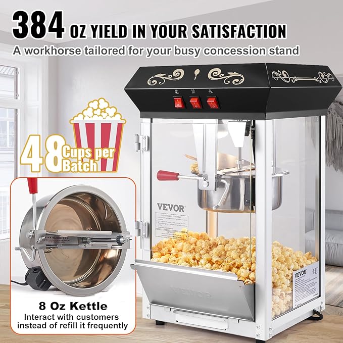 VEVOR Popcorn Maker, 850W Popcorn Popper Machine, 8 Oz Kettle Makes 48 Cups per Batch, Countertop Popcorn Maker with Tempered Glass, Includes 4 Scoops, Movie Theater Style, Black