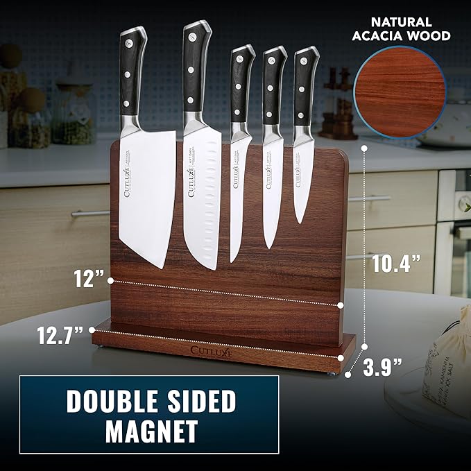 Cutluxe Magnetic Knife Holder – Magnetic Knife Block, Acacia Wood Knife Stand for Kitchen Counter, Slim & Double Sided, Powerful Magnet Strips, Organized Storage Rack & Modern Display Board