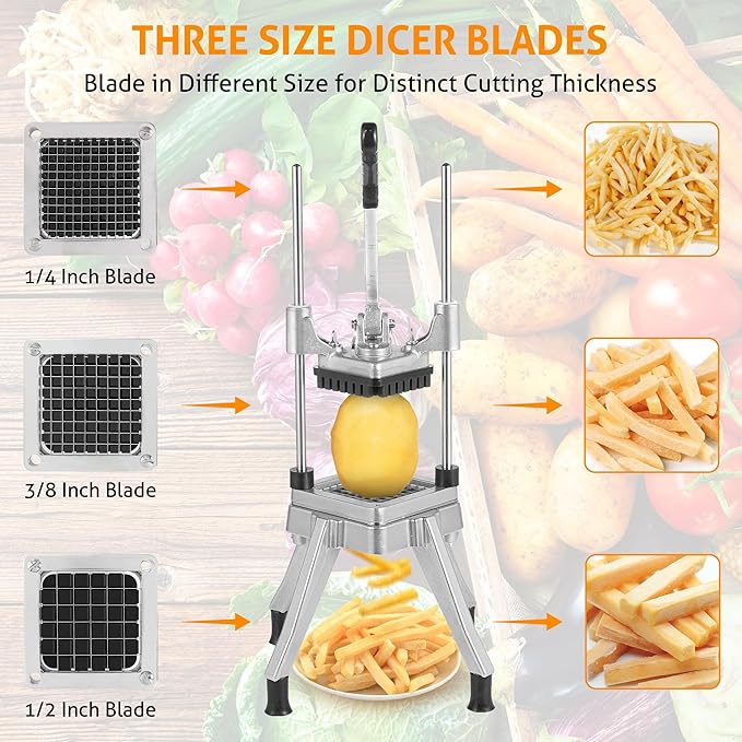 WICHEMI Commercial Vegetable Chopper Dicer with 3 Replacement Blades, Heavy Duty Food Dicer Chopper for Potatoes, Peppers, Mushrooms