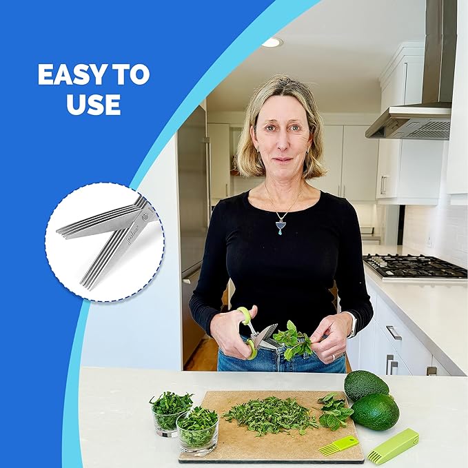 Jenaluca Herb Scissors with Five Blades - Two Pack - Herb Chopper with cleaning comb and safety cover