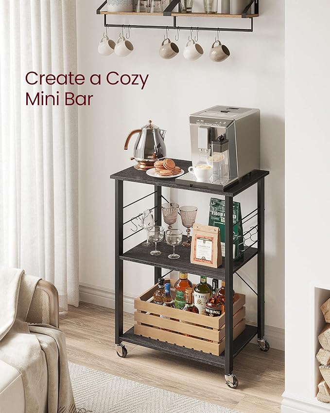 VASAGLE Kitchen Shelf on Wheels, Serving Cart with 3 Shelves, Kitchen Cart, Microwave Shelf, for Mini Oven, Toaster, with 6 Hooks, Industrial Stylee, Ebonized Oak Finish and Black UKKS060B42
