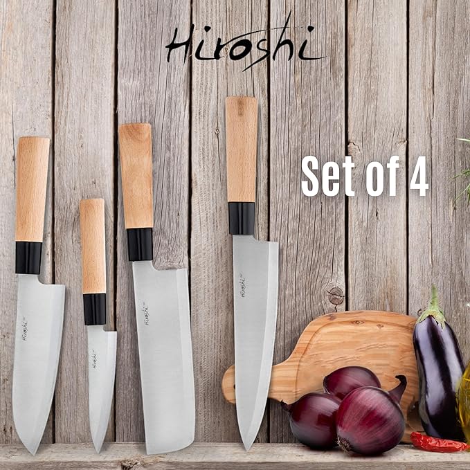 HIROSHI Sushi & Sashimi Knife Set 4-Piece High Carbon Stainless Steel Japanese Chef Knives with Beech Wood Handle Professional Kitchen Knife Set for Precision Cutting