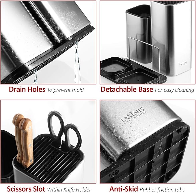 Knife Holder and Utensil Holder - Stainless-Steel Modern Rectangular Design Universal Knife Block and Kitchen Utensils Organizer for Counter-top