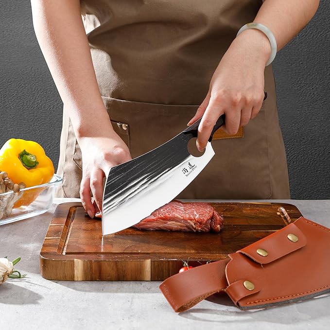 SHANGDAO 7.5" Chef Knife, Upgraded Serbian Chef Knife, Meat Cleaver Knife for Meat Cutting Forged Butcher Knife with Sheath Full Tang Kitchen Chopping Knife for Home, Outdoor Cooking, Camping