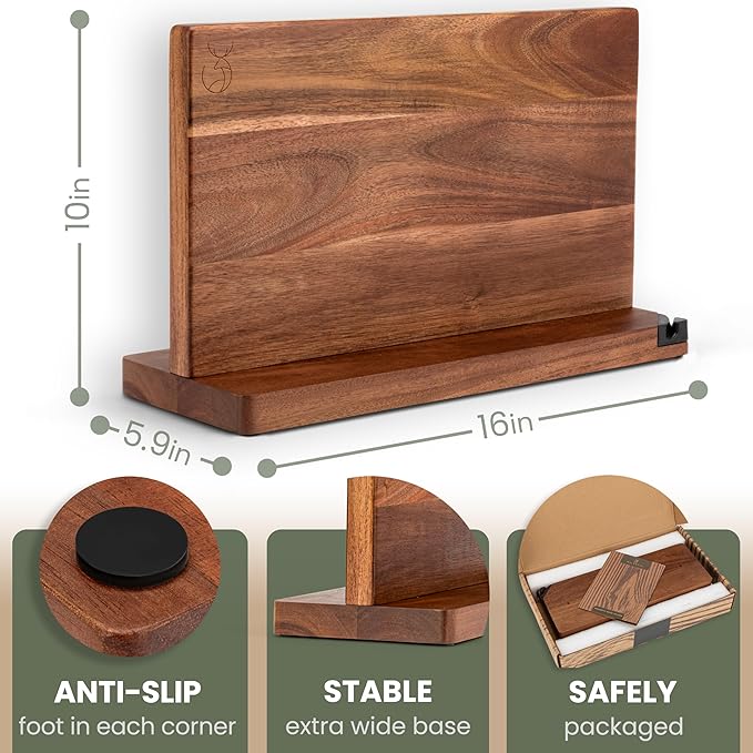 WALDWERK Extra Large Magnetic Knife Holder (16”) - Acacia Wood Knife Block Without Knives - Knife Holder - Magnetic Knife Block - Knife Storage - Knife Magnet Organizer for Countertop