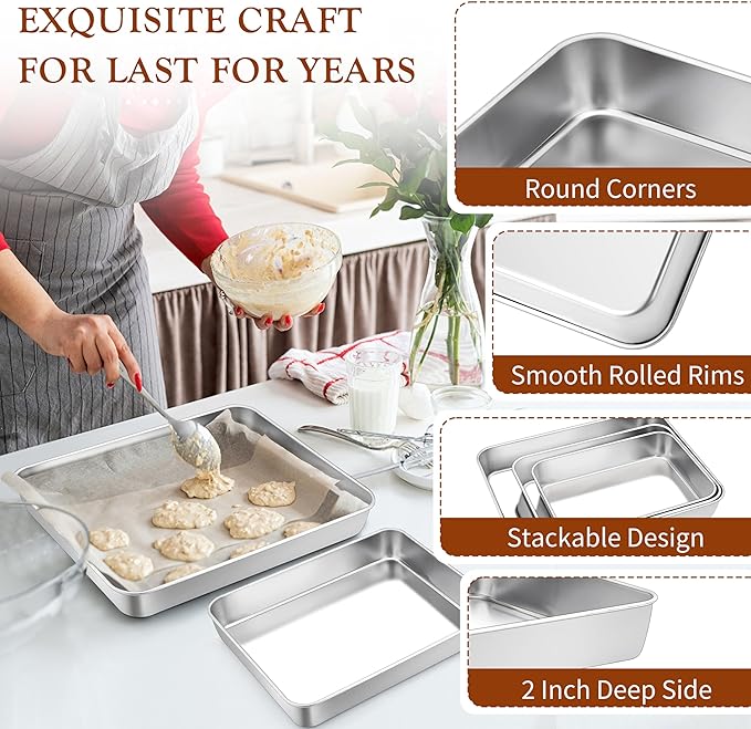 TeamFar Baking Pans Set of 3, Stainless Steel Deep Cookie Cake Pan for Home Baking, 12.5/10.5/9.4” Rectangle Bakeware Set for Bread/Casserole/Lasagna, Healthy & Sturdy, Dishwasher Safe